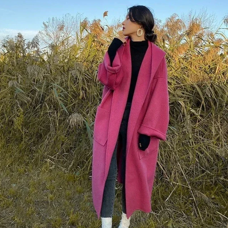 2024 Winter New Women Loose Hooded Warm Woolen Long Below The Knee Coats Female Elegant Solid Color Outwear Oversize Streetwear