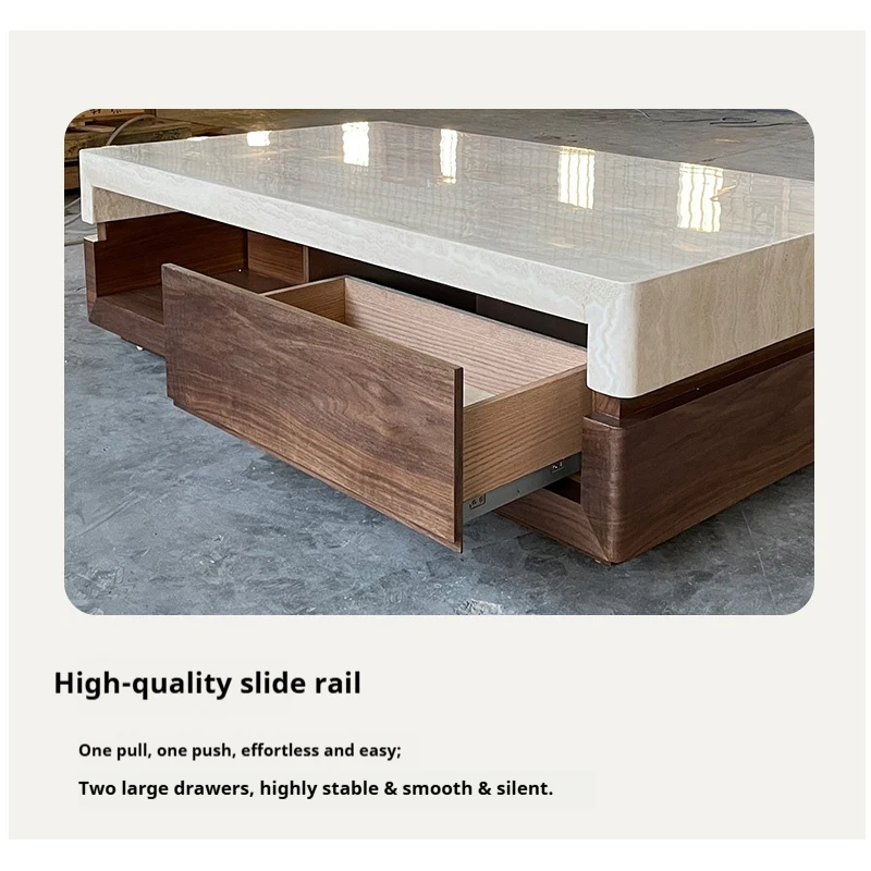 Walnut & Travertine Coffee Table, New Minimalist Luxury Design, Heat & Scratch Resistant, Artisan Custom Furniture.