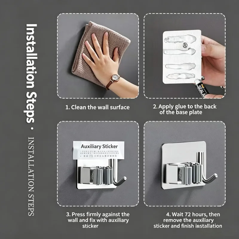 Stainless Steel Mop Broom Holder, Self Adhesive Wall Mounted Mop Clip, Punch-Free Bathroom Storage Hook Rack - view 3