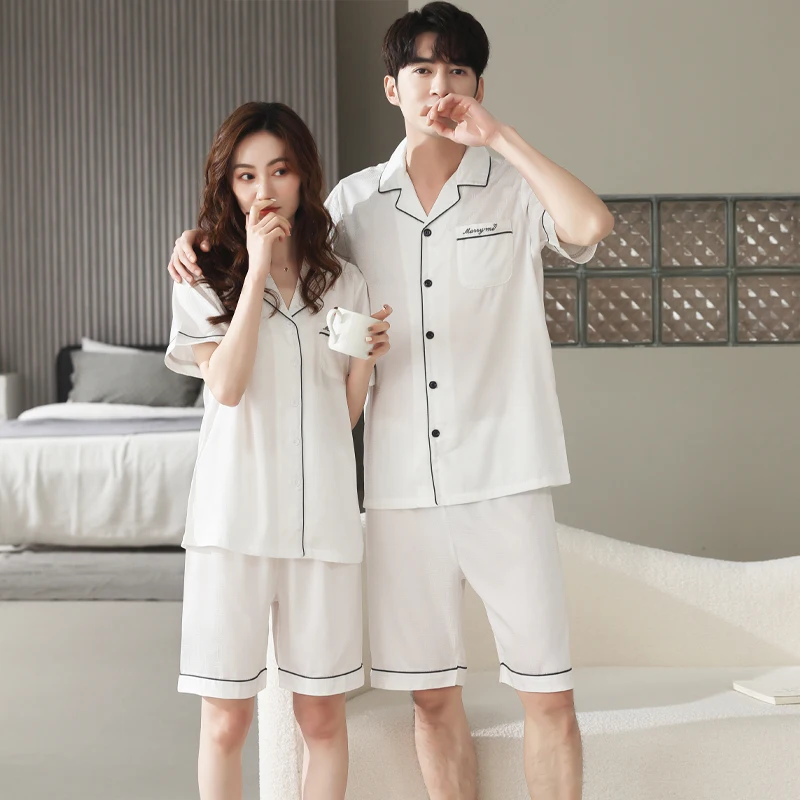 

Couple Summer Pajamas Set Men T Shirt Shorts Women Pijama Silk Home Sleepwear Lounge Short Sleeve Pyjamas 3XL