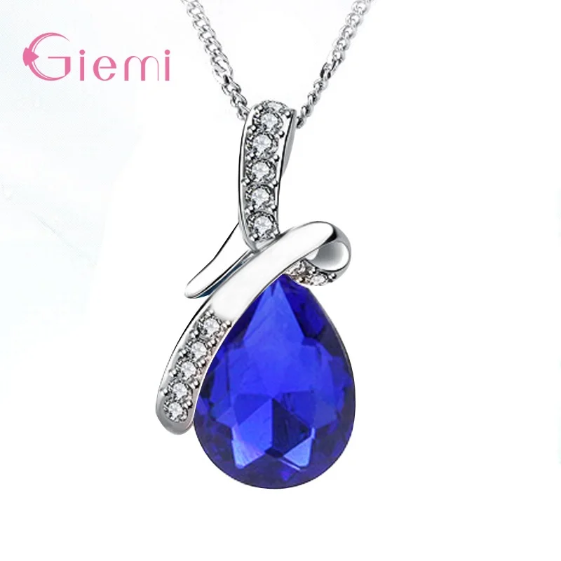 Top Sale 925 Sterling Silver Colorful Cubic Zirconia Waterdrop Pendant Necklace Women Girls Wedding Party Jewelry