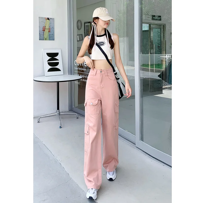 Women's Clothing Pink Jeans Solid Denim High Waisted Vintage American Y2K Style Straight Wide Leg Pants NEW Female Khaki Pants