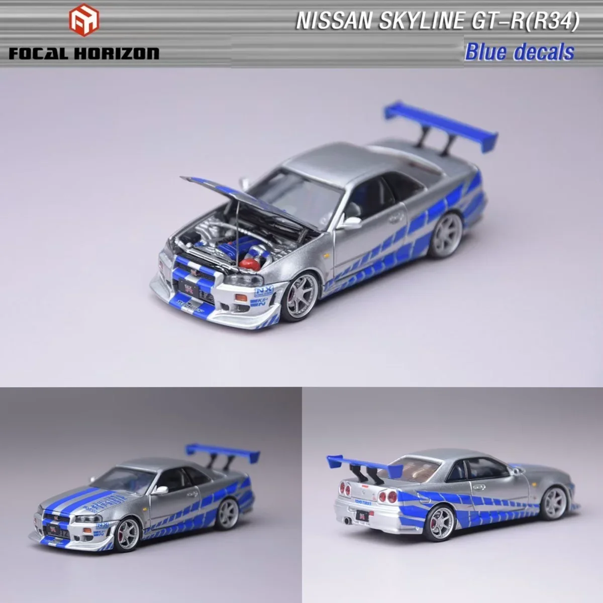 

Focal Horizon FH 1:64 R34 Fast Furious C-West FNF model car silver-blu