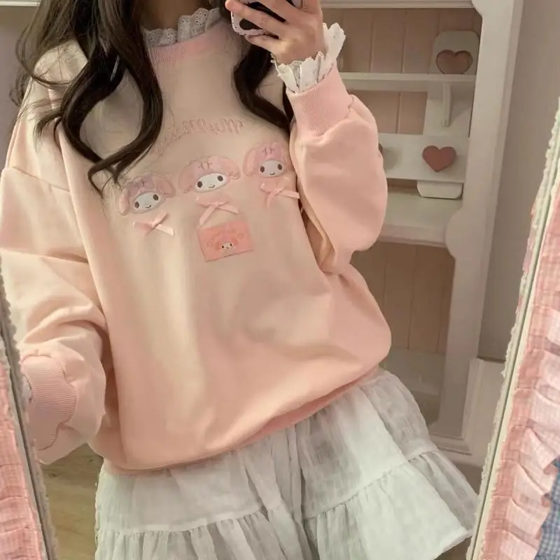 

Melody Cinnamoroll Hoodie Kawaii Anime Cartoon Lace Round Neck Japan Soft Tops Girl Autumn Winter Student Sweatshirt Girl Gift