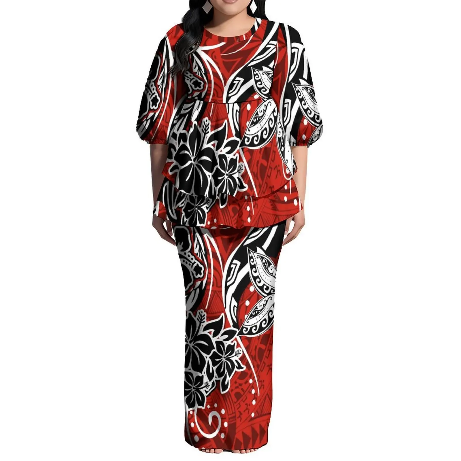 Fashionable Puletasi Suit Dress With Puffed Sleeves Round Neck And Double Hem Polynesian Custom Women'S Dress