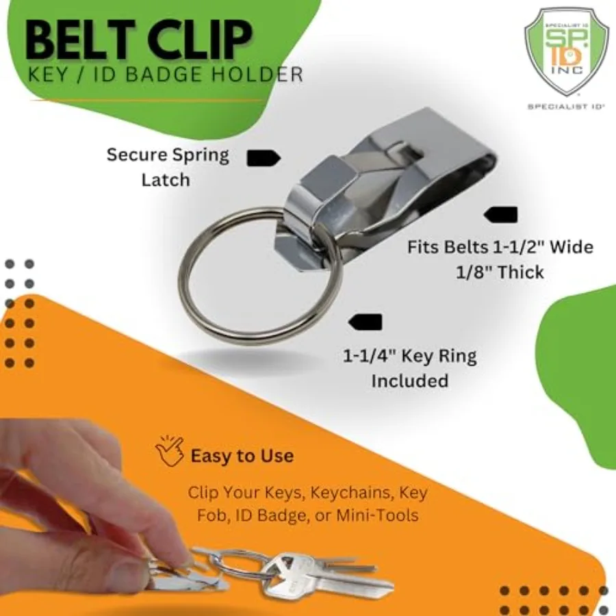 Secure Belt Clip Key Holder with Metal Hook and Heavy Duty 1 1/4 Inch Keychain Ring - Metal Key Chain Keeper for ID Badge/Key