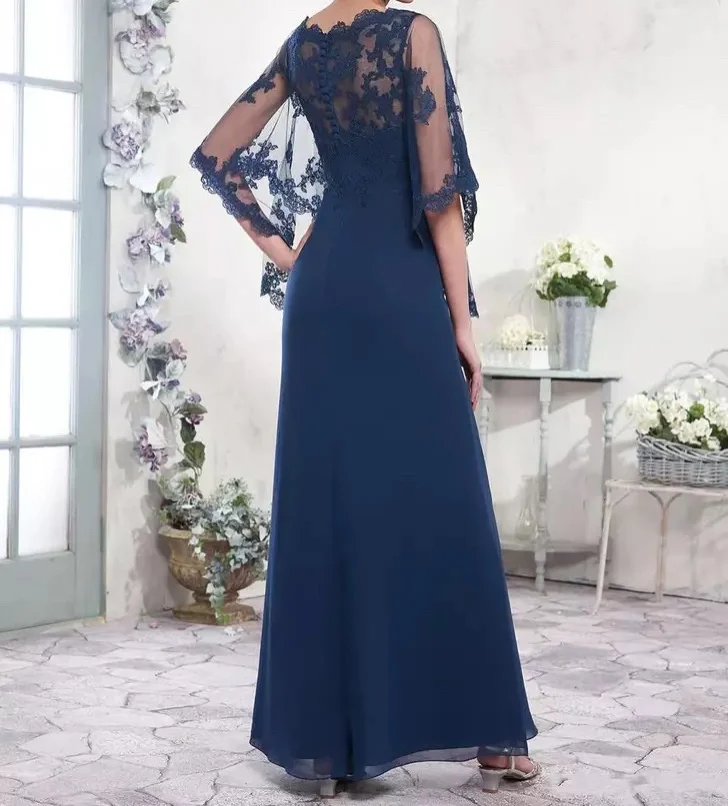 Navy Blue Mother of the Bride Dress O-Neck Chiffon A-Line Cape Half Sleeve Lace Applique Formal Wedding Evening Mother Gowns New