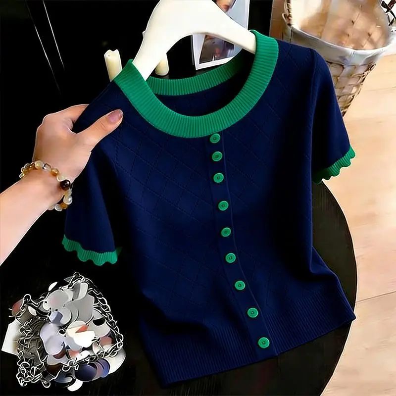 2027 Summer New Women's Knitted Pullover Sweater Sense Design Loose Female Sweater Advanced Sense Contrast Ladies Tops