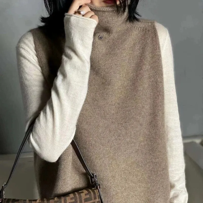 

Women's Camere Knitted Vest High Collar Svel Loose Fit Autumn Winter New Sle Color Faion Slimming Top