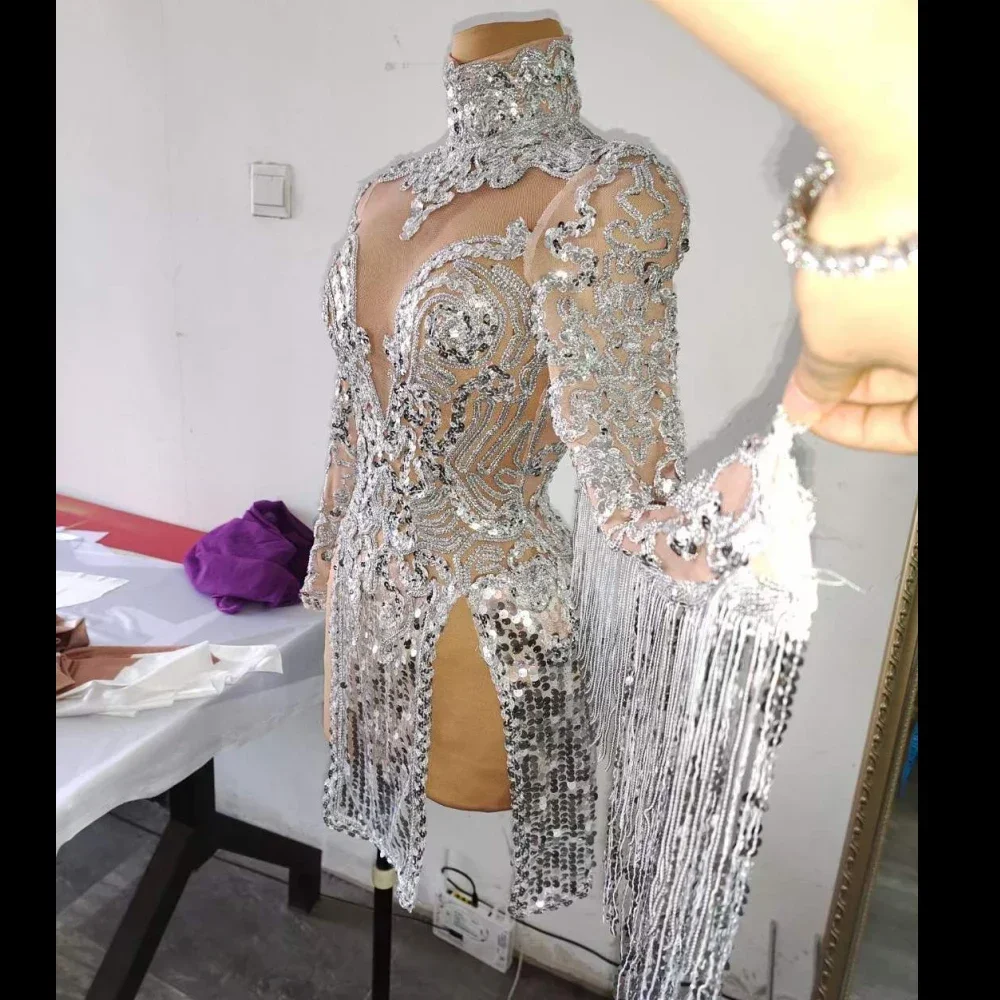 المرأة الفضة الساطع الترتر شرابة مثير منظور الرقص الشرقي مرحلة فستان ملهى ليلي بار احتفال 2025 جديد سحب الملكة الزي