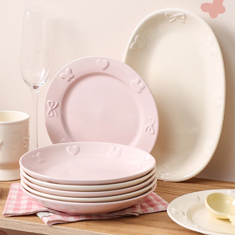 

Solid Relief Ceramic Dessert Plate Cute Home Hearts Bow Print Tableware Large Capacity Oval Plates Kitchen Dinner Microwave Safe