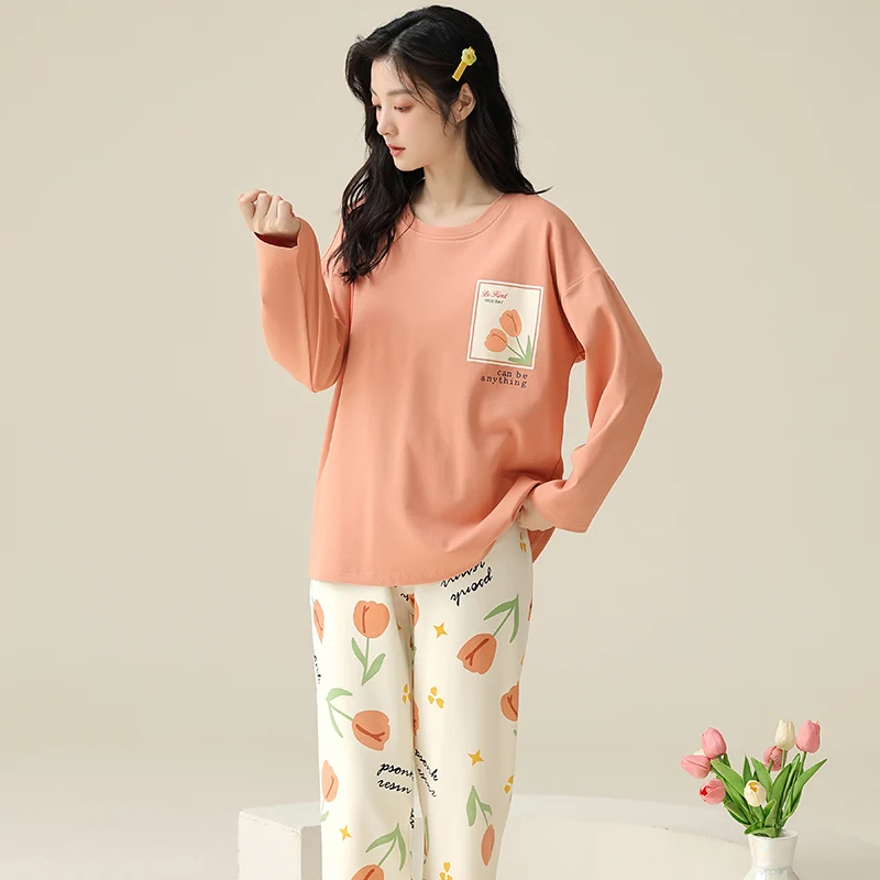 M-XXXL 4XL 5XL Sleep Lounge Pajama Long Sleeve Top + Long Pant Woman Pajama Set Cartoon Print Pyjamas Cotton Sleepwear For Women