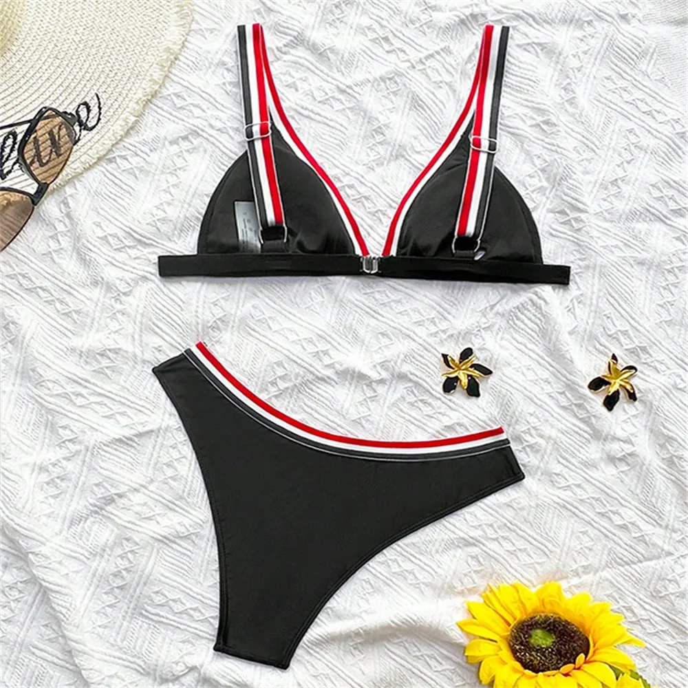 Sexy Striped Sling Swimsuit Push Up Black Y2K Backless Bikini Beach Outfits Vacation Swimwears Thong Women Bathing Swimming Suit