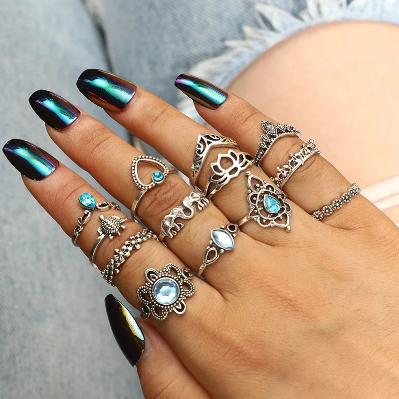 15pcs/set Hiphop Women Rings Sets Blue Crystal Antique Color Female Rings Moon Heart Butterfly Rings Party Gift anillos mujer