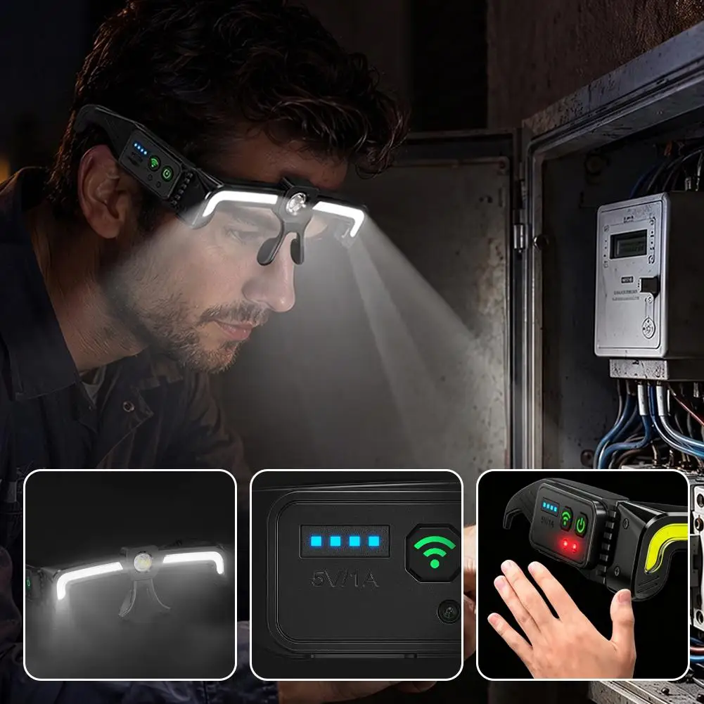 Auto Maintenance Workshop Multifunctional Light Flood Dual Beam Hands-Free Mechanic Headlamp Rechargeable LED Glasses Work Light