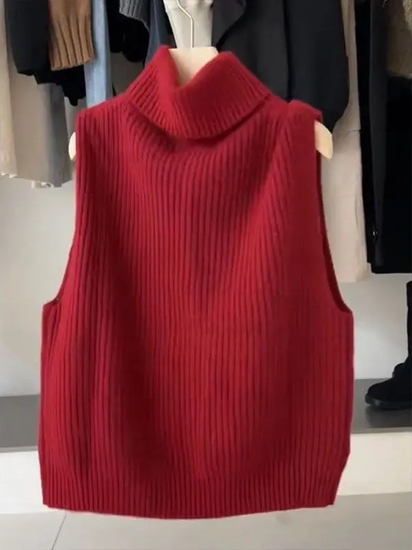 

Красный вязаный жилет-свитер женский с высоким воротником, свободного кроя, дышащий, приятный к телу, для многослойных образов, для повседневной носки