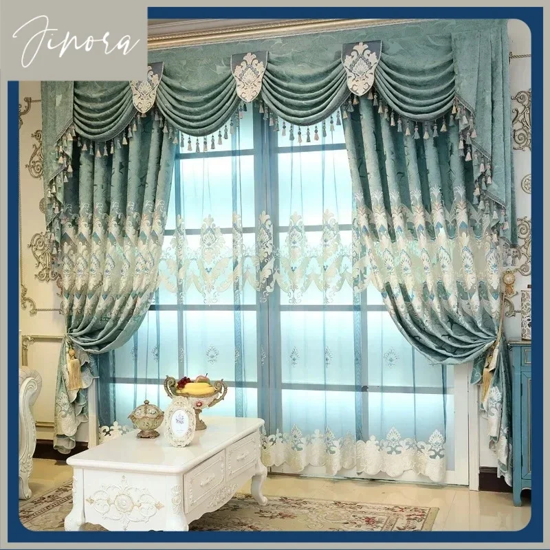 European Green Chenille Hollow Embroidered Luxury Curtains For Living Room Dining Bedroom Blackout Valance Window Custom Tulle
