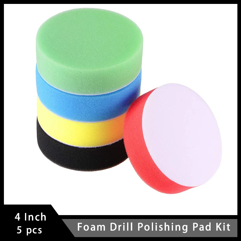 4 Inch Flat Sponge Pads 5 Pcs Foam Drill Polishing Pad Kit for Most Pneumatic and Electric Polishing and Buffing Machines