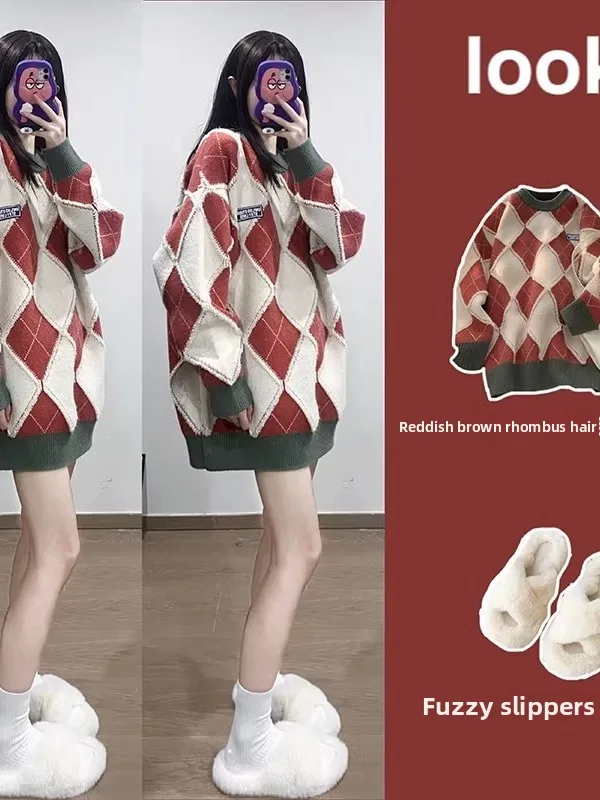 

Large Size 300 Pou Diamond Pattern round Ne Knitwear Men Women Autumn Winter New Lazy Sle Top Polyester Fiber Long Sve