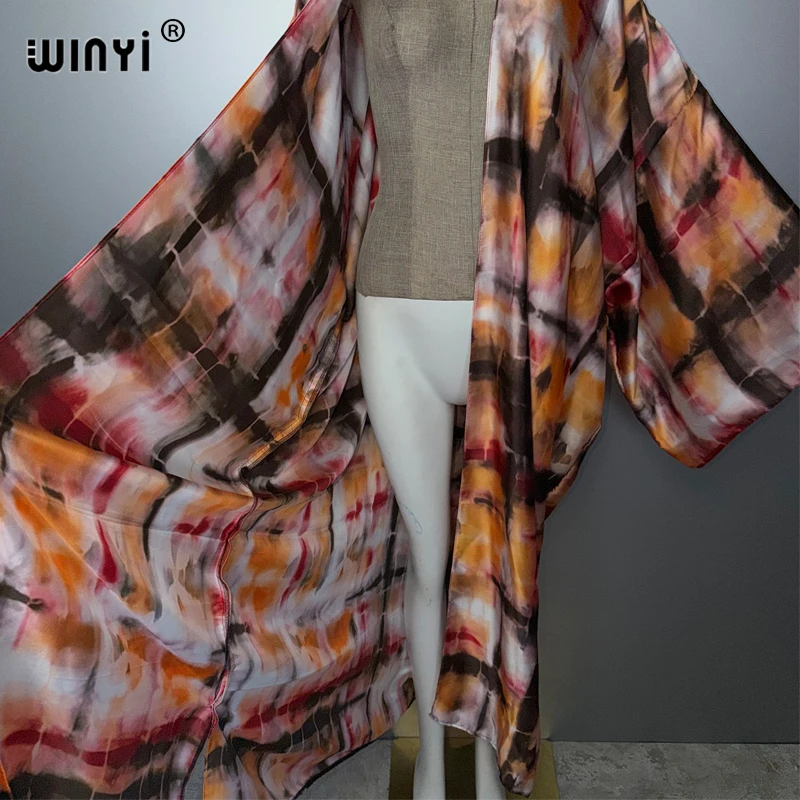 WINYI Women's Classic Pattern Print Long Kimono Bohemian Cardigan Maxi Cover-Up Stitch Casual Beach Kimono for Holiday Party