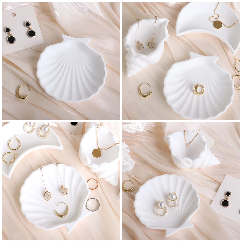 

Shell Shape Jewelry Trinket Organizer Decorative Ring Bowl White Plaster Display Small Lightweight Aesthetic Home Office Decor