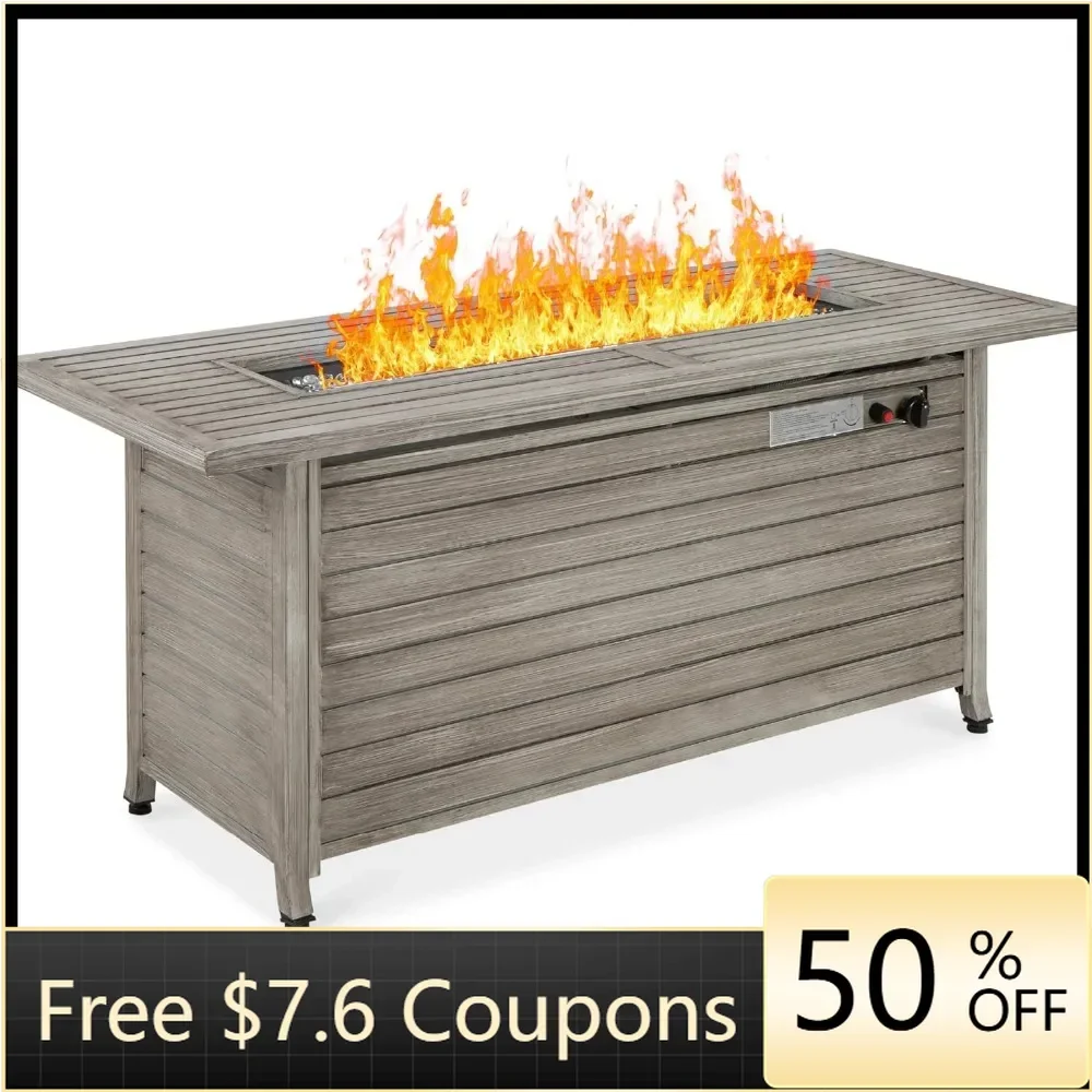 57 in Propane Gas Fire Pit Table, 50,000 BTU Outdoor Rectangular Fire pit for Outside,Burner Lid, Storage, Cover, Glass Beads