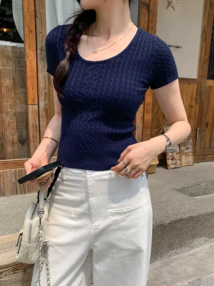

Design Sensation Small Top Women's Short Sleeve Knitted Summer 2026 New Korean Style Ice Silk Blend Comfortable Fit T-shirt