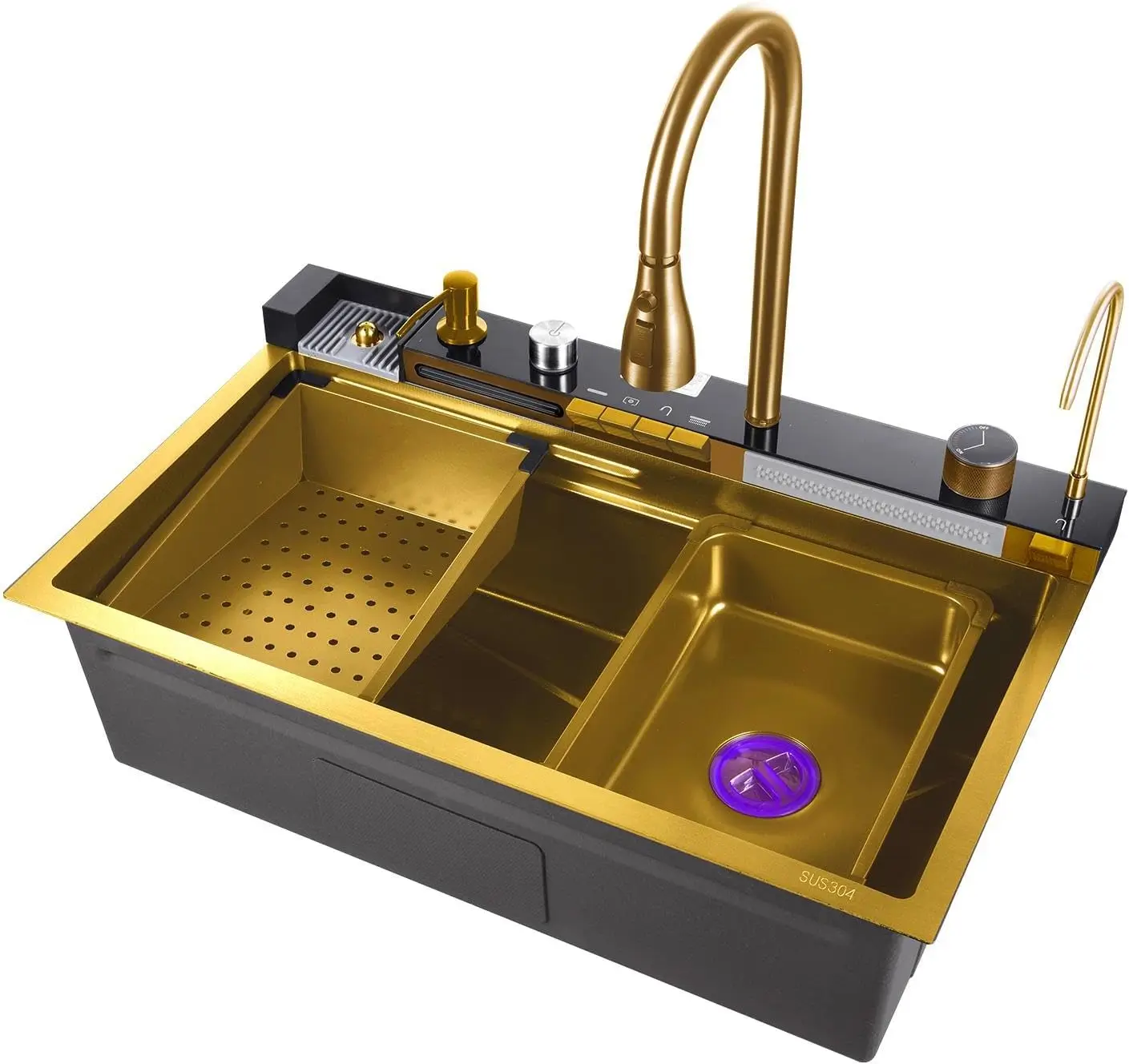 

Tiktok New Trend Golden Nano Black 304 One Piece Automatic Cup Washer Piano Digital Display Waterfall Faucet Kitchen Sinks