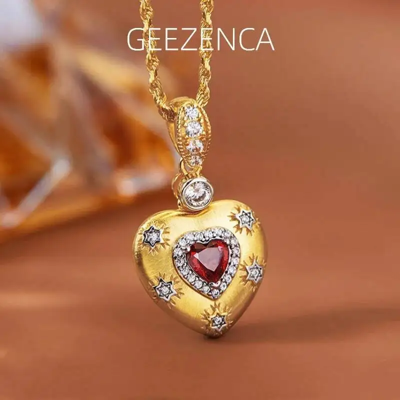 

GEEZENCA 925 Silver Garnet Heart Shaped Pendant Necklace For Women Zircon 18K Gold Brushed Luxury Choker Necklaces 2024 New Gift