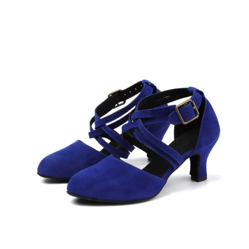 Blue suede surface Dance shoes Latin modern square dance performance dance shoes Womens double cross tie High Heels 6.5cm