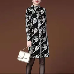 2023 Autumn and Winter Women's Pullover Turnneck Printing Patchwork Midi Loose Fashion Casual Elegant Commuter Straight Dress