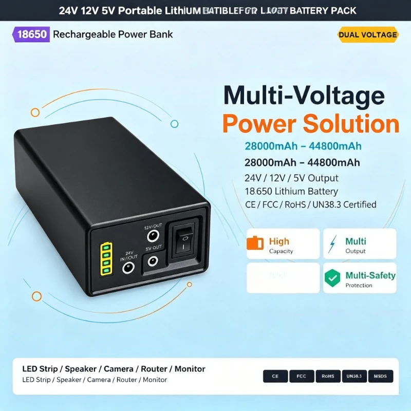 24V 12V 5V 28000mAh-44800mAh Portable Lithium Battery Pack 18650 Power Bank Rechargeable for LED Strip Speaker Camera Router