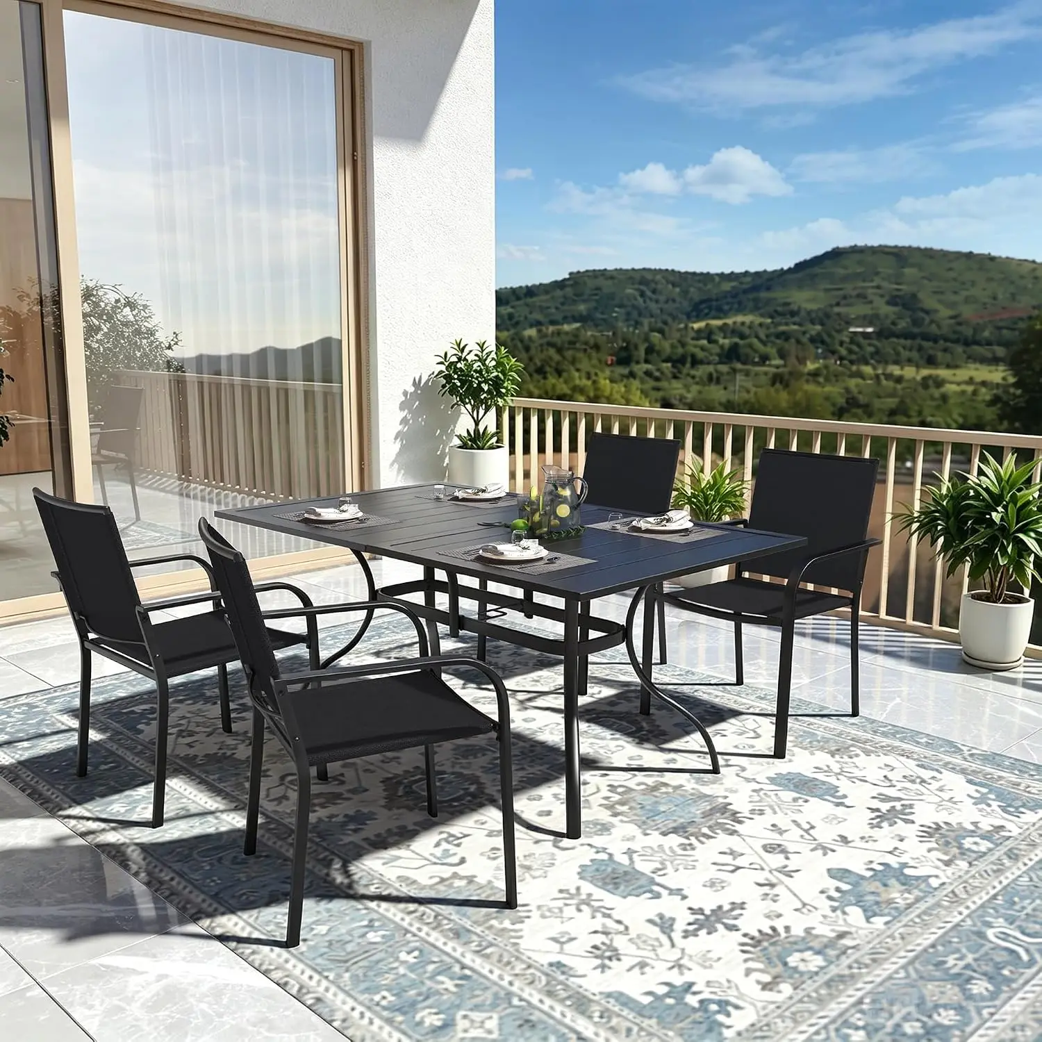 5 Piece Outdoor Dining Set with Black Stackable Chairs, 63