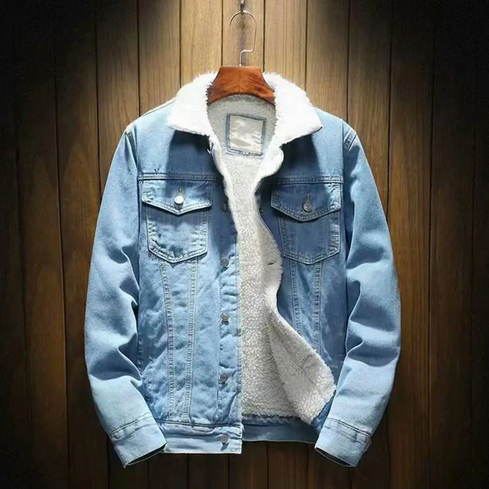 

Men Jean Jacket Thicken Lamb Cashmere Lining Coldproof Outerwear Winter Single Breasted Denim Coat Streetwear Chaqueta Masculina