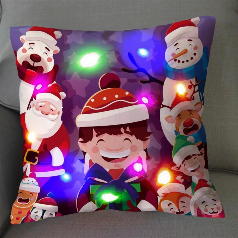 Cartoon Christmas Snowman Alphabet Print Pillowcase LED Lights Christmas Lights Pillowcase Cushion Cover