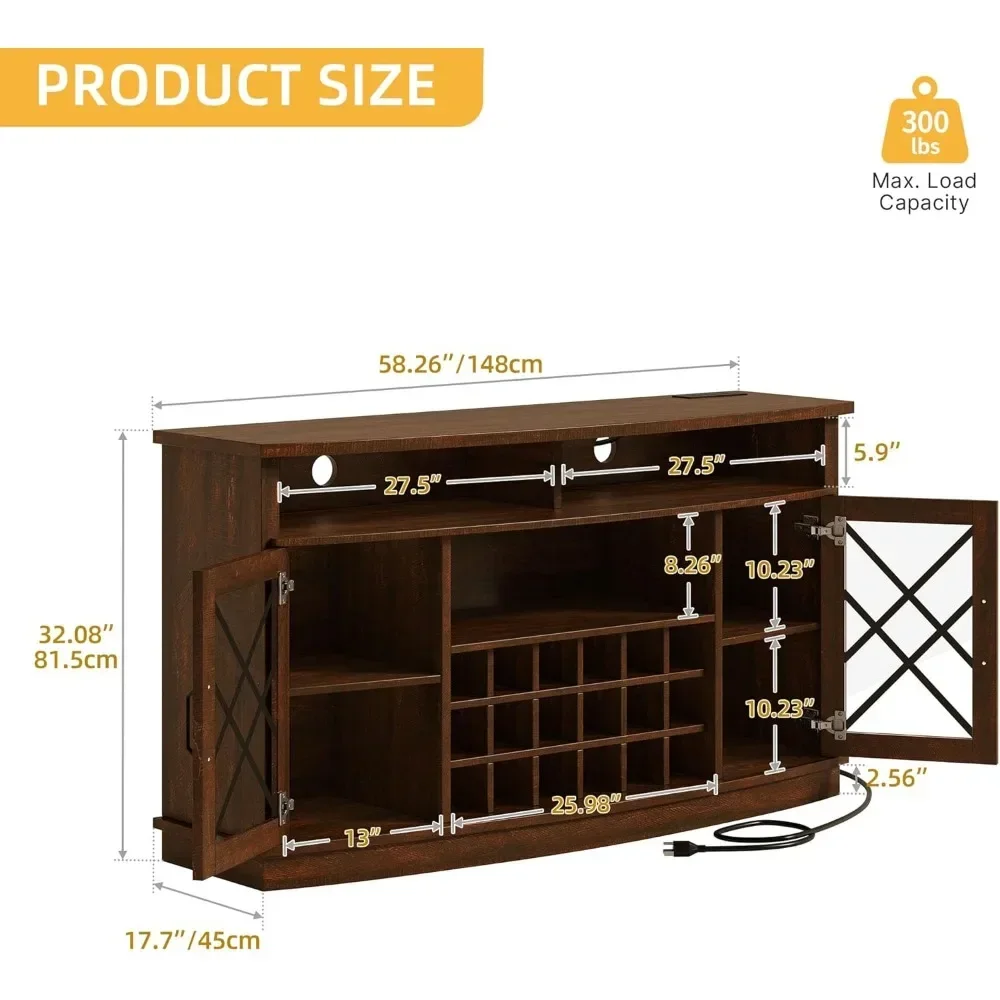 Gabinete de bar de vino minimalista nórdico con estación de carga, estante ajustable, puertas de vidrio templado, 58 pulgadas de ancho con almacenamiento