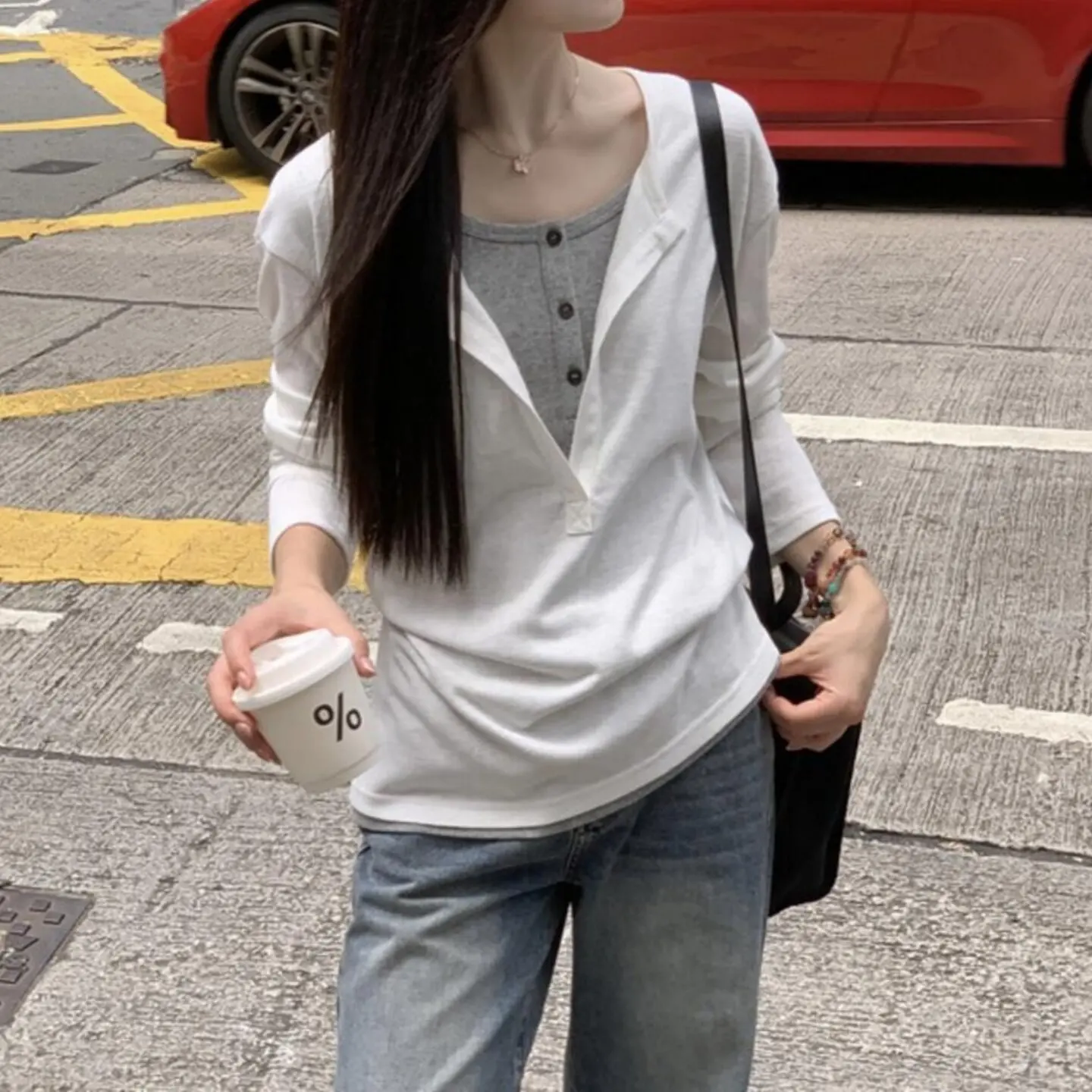 HOUZHOU Women White Fake Two-piece Long Sleeve Tops Henley Snap Button V‑Neck Loose Fit Layered Look Casual Basic Fall T‑Shirt