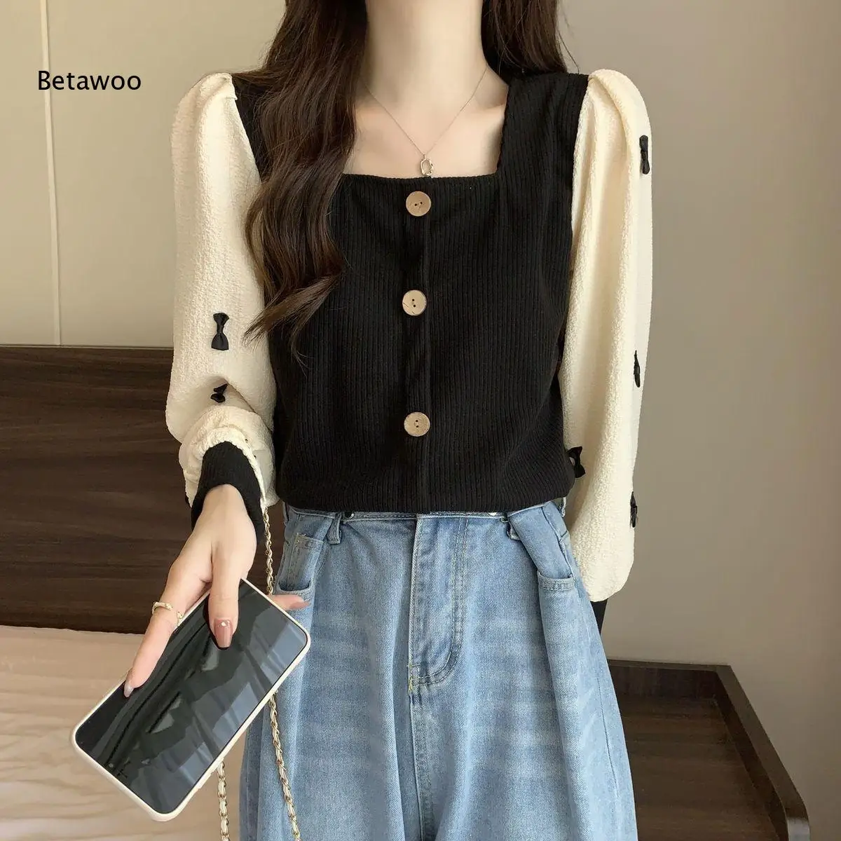 Women Square Neck Color Block Puff Long Sleeve Blouse Bow Decor Button Front Contrast Splice Casual Top for Daily