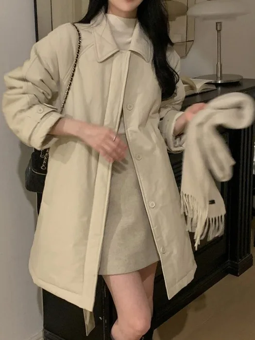 

Faionable Winter Cotton Jaet Women's Long Sle Warm Tie-Detail Outerwear Ele Design High-End Feel Trendy Coat