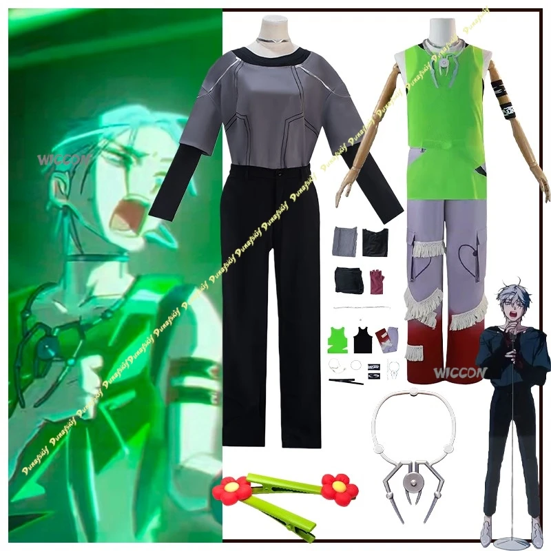 

Костюмы для косплея, аниме ALIEN STAGE Till Boy, костюм, парик, зеленый, серый жилет, аксессуары, ожерелье, мужская одежда, вечерние, Рождество, Хэллоуин