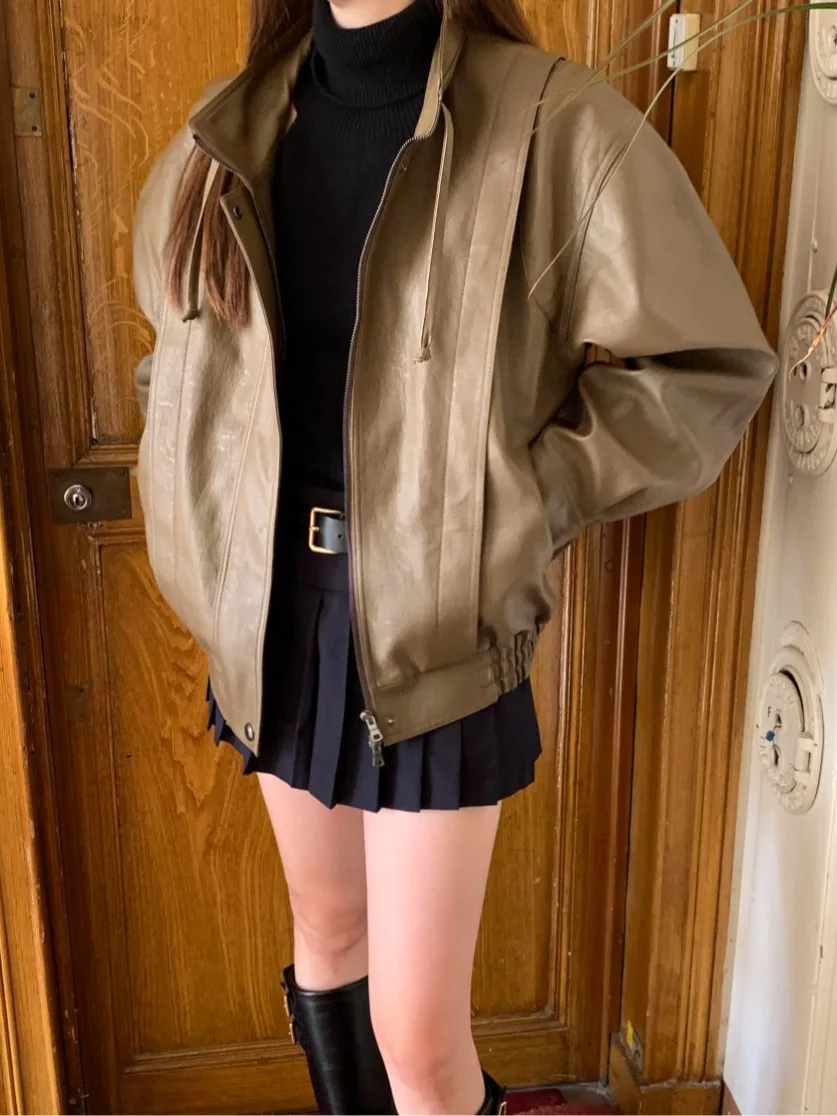 Casual Lose Leder Jaet Frauen Einfache Neutral Strickjacke Mantel Herbst Winter Faion Chic Pendeln Reine E-commerce S