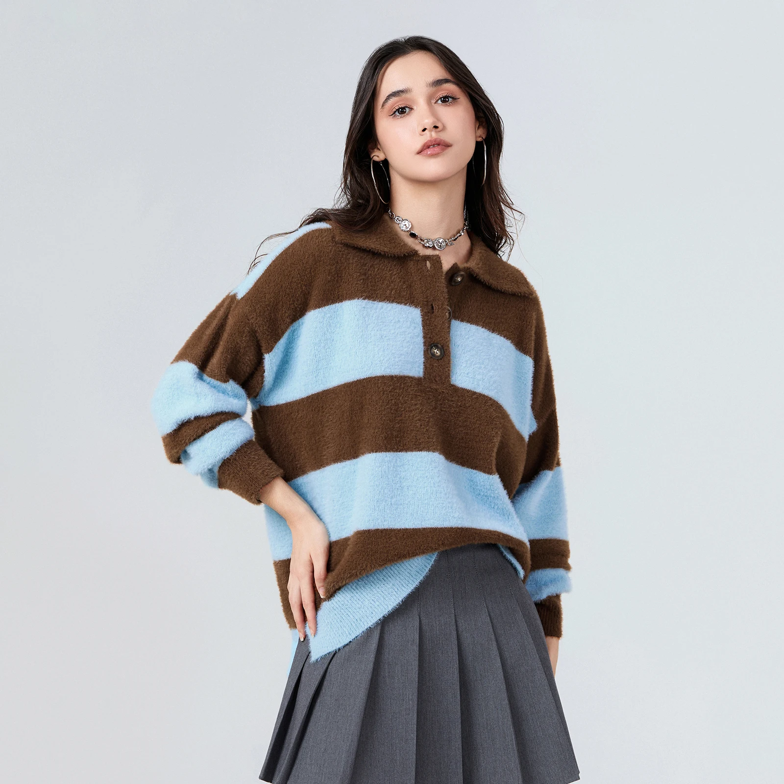 Sweater bulu halus Vintage Y2K wanita, atasan Pullover rajut longgar lengan panjang kerah Turn Down bergaris lebar warna kontras bergaya nyaman