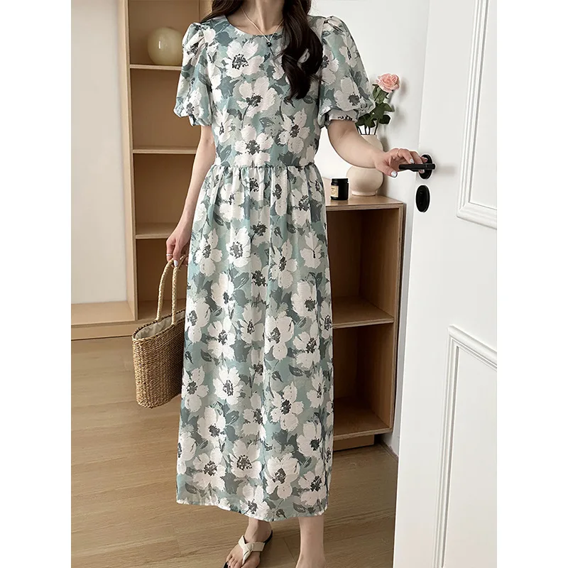 

Summer Dress French Elegant Commuter Women's Long Dress Round Neck Bubble Sleeve Waisted Prairie Chic Floral Chiffon Dresses