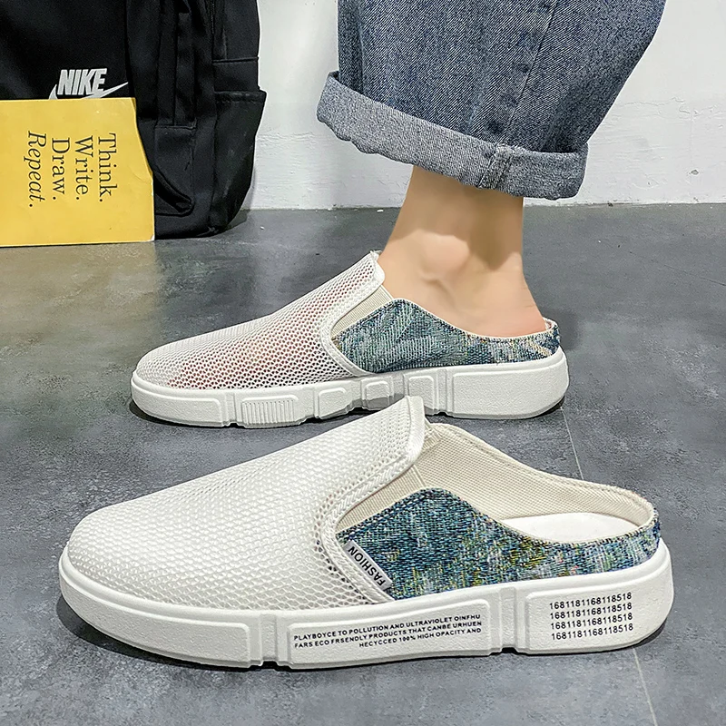 Mesh Semi-Drag Men Casual Shoes Half Shoes For Men Mules Slipper Outdoor Sandals Summer Backless Board Shoes Flats Man Slides