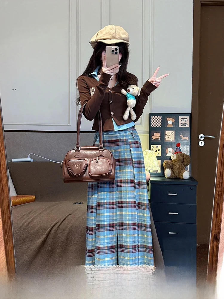 Sweet School Style Two-Piece Set Women's Autumn Plaid  Skirt Long Sleeve Top Fashionable Ensemble Female College Students