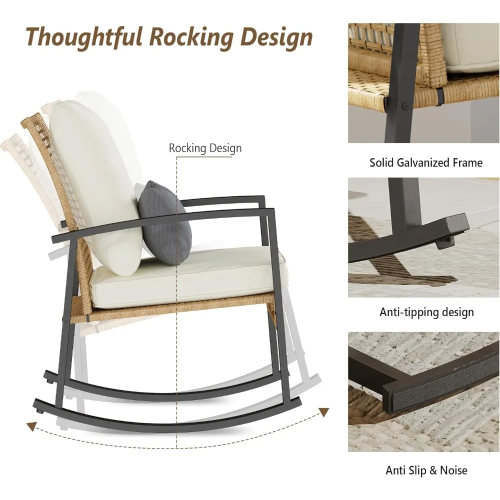 2-Piece Outdoor Rocking Chair Set with Glass Top Table and Cushioned Backrest