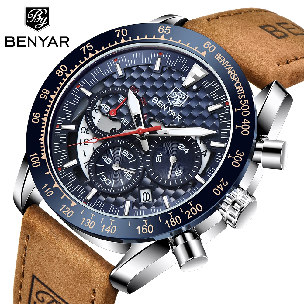 

Benyar Design Sports Brand Men's Quartz Watch 45mm Vintage Fashion Leather 30M Waterproof Luminous Chronograph Relogio Masculino