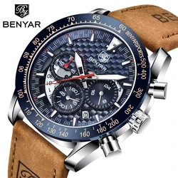 Benyar-reloj de cuarzo deportivo para hombre, cronógrafo luminoso de 45mm, de cuero, a la moda, Estilo Vintage, resistente al agua hasta 30M