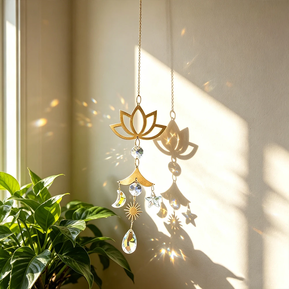 Zen Lotus Metal Crystal Prism Hanging Ornament Sun Moon Star Drop Pendant Home Yoga Room Window Rainbow Projection Decor