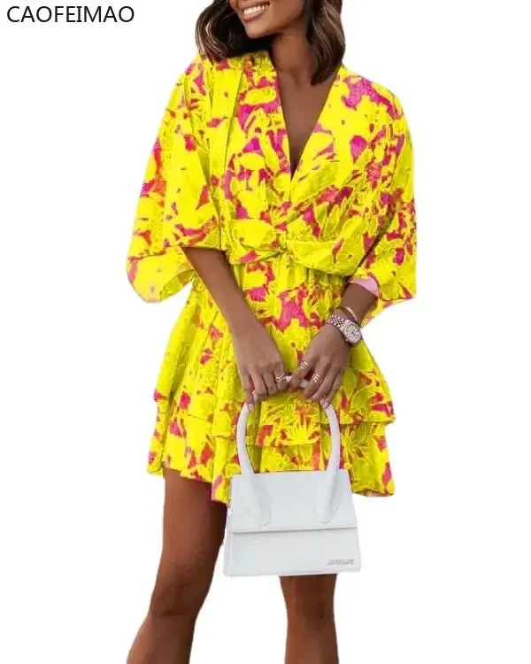 Women Sexy V Neck Mini Dresses Summer Boho Casual Floral Print Batwing Sleeve Dresses Female Ruffle Beach Party Dress Vestidos